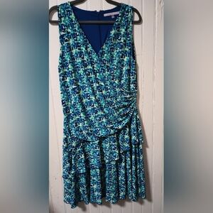 Carmen Marc Valvo! Blue and Green Patterned Sleeveless Dress